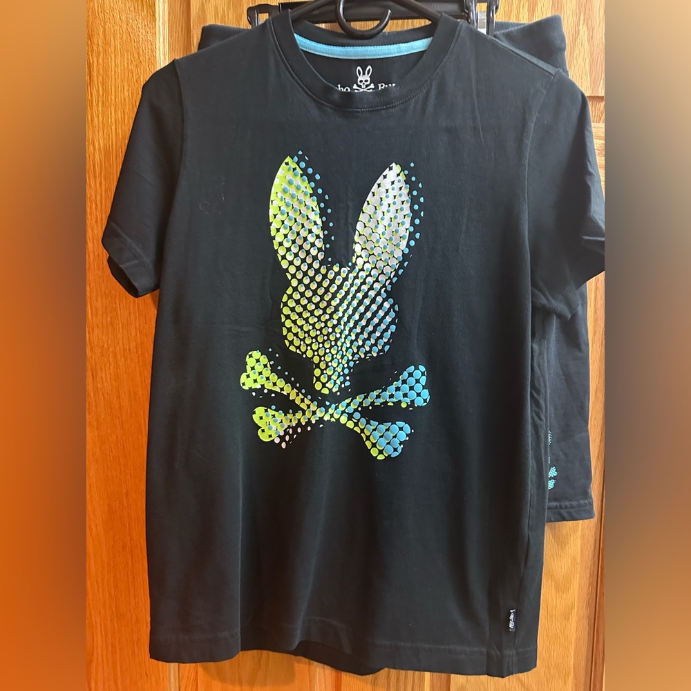 2PIECE SHORT SET:  Boys XL psycho Buny black shorts set Blue and neon outline